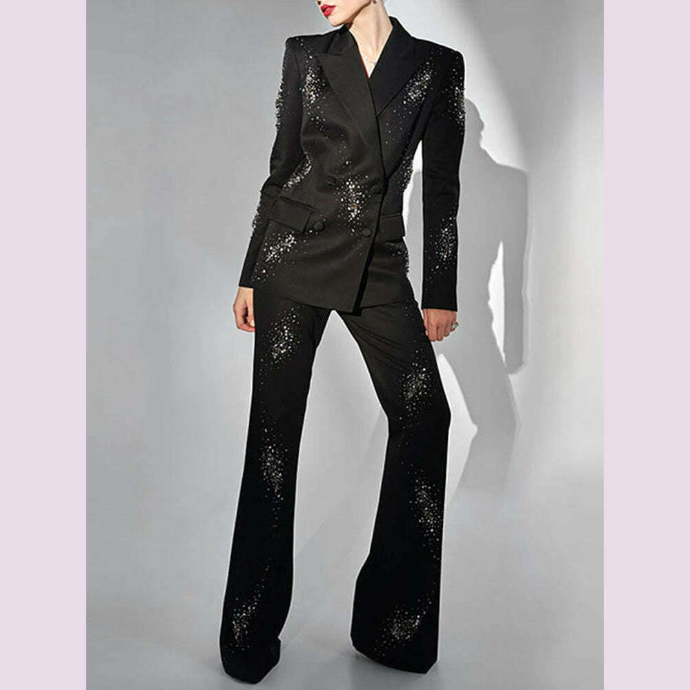 KIMLUD, VGH Elegant Two Piece Sets For Women Notched Collar Long Sleeve Blazer High Waist Wide Leg Pants Spliced Diamonds Set Female New, KIMLUD Womens Clothes