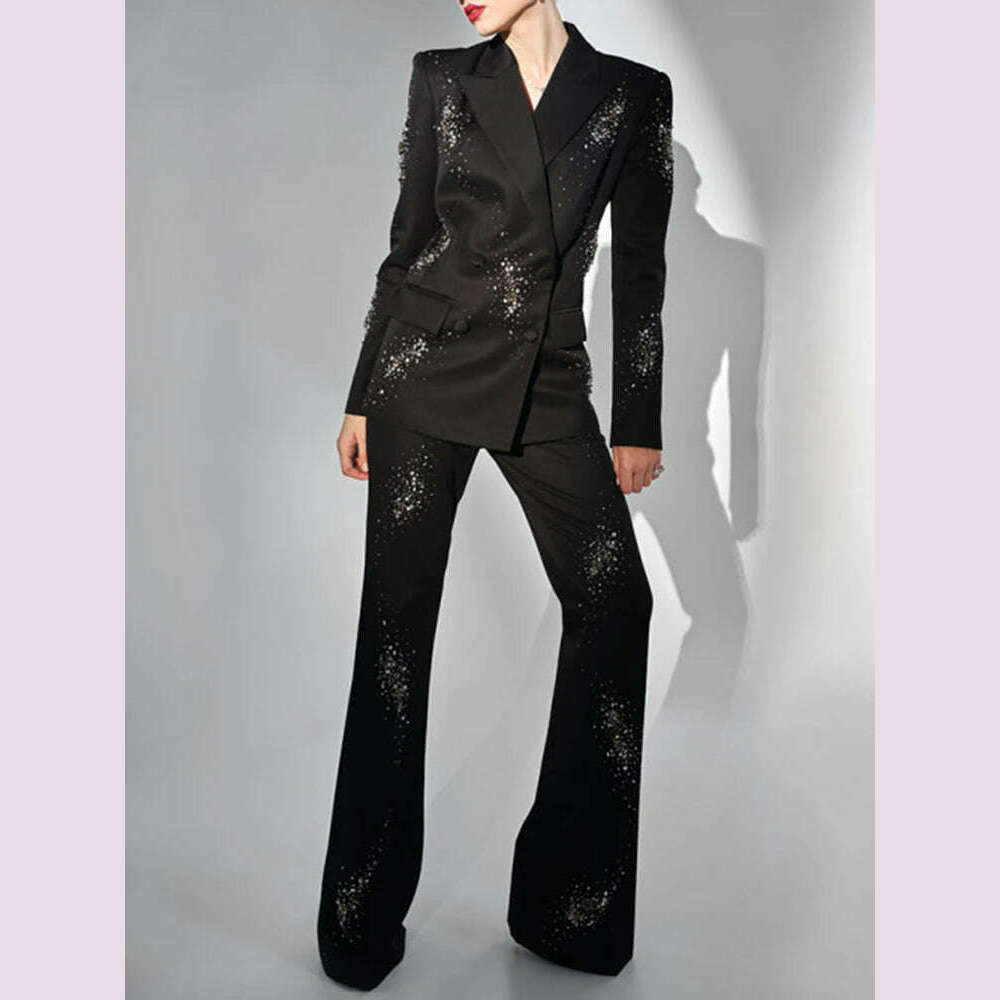 KIMLUD, VGH Elegant Two Piece Sets For Women Notched Collar Long Sleeve Blazer High Waist Wide Leg Pants Spliced Diamonds Set Female New, KIMLUD Womens Clothes