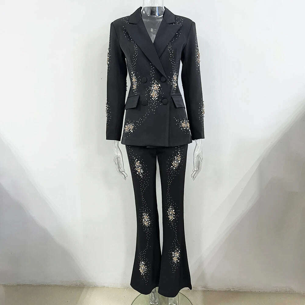 KIMLUD, VGH Elegant Two Piece Sets For Women Notched Collar Long Sleeve Blazer High Waist Wide Leg Pants Spliced Diamonds Set Female New, M / BLACK, KIMLUD APPAREL - Womens Clothes