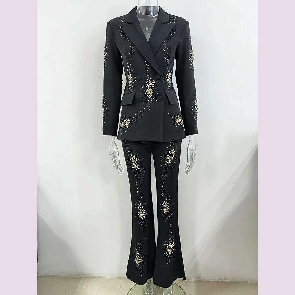 KIMLUD, VGH Elegant Two Piece Sets For Women Notched Collar Long Sleeve Blazer High Waist Wide Leg Pants Spliced Diamonds Set Female New, KIMLUD Womens Clothes