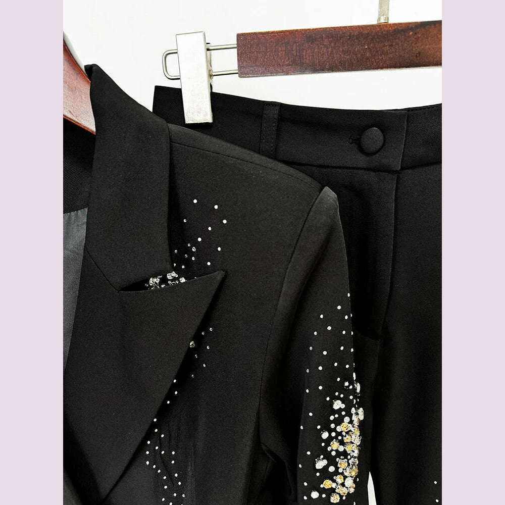 KIMLUD, VGH Elegant Two Piece Sets For Women Notched Collar Long Sleeve Blazer High Waist Wide Leg Pants Spliced Diamonds Set Female New, KIMLUD Womens Clothes