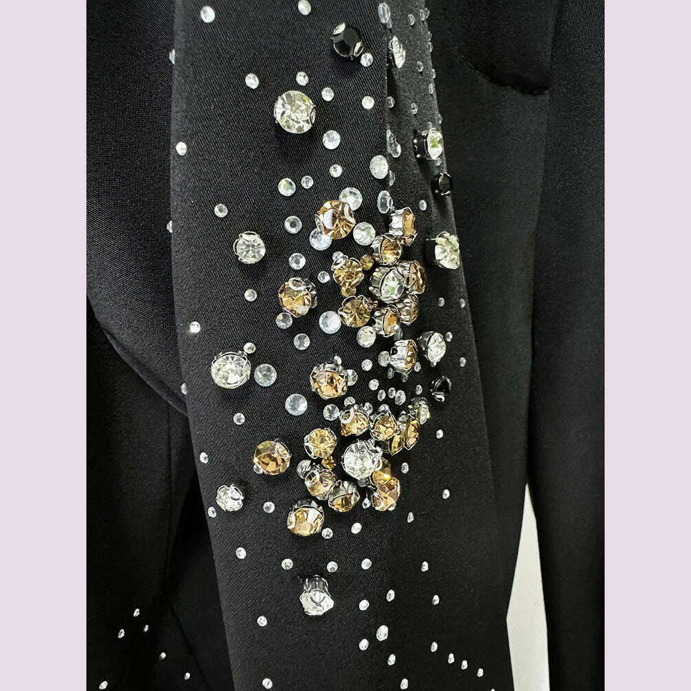 KIMLUD, VGH Elegant Two Piece Sets For Women Notched Collar Long Sleeve Blazer High Waist Wide Leg Pants Spliced Diamonds Set Female New, KIMLUD Womens Clothes