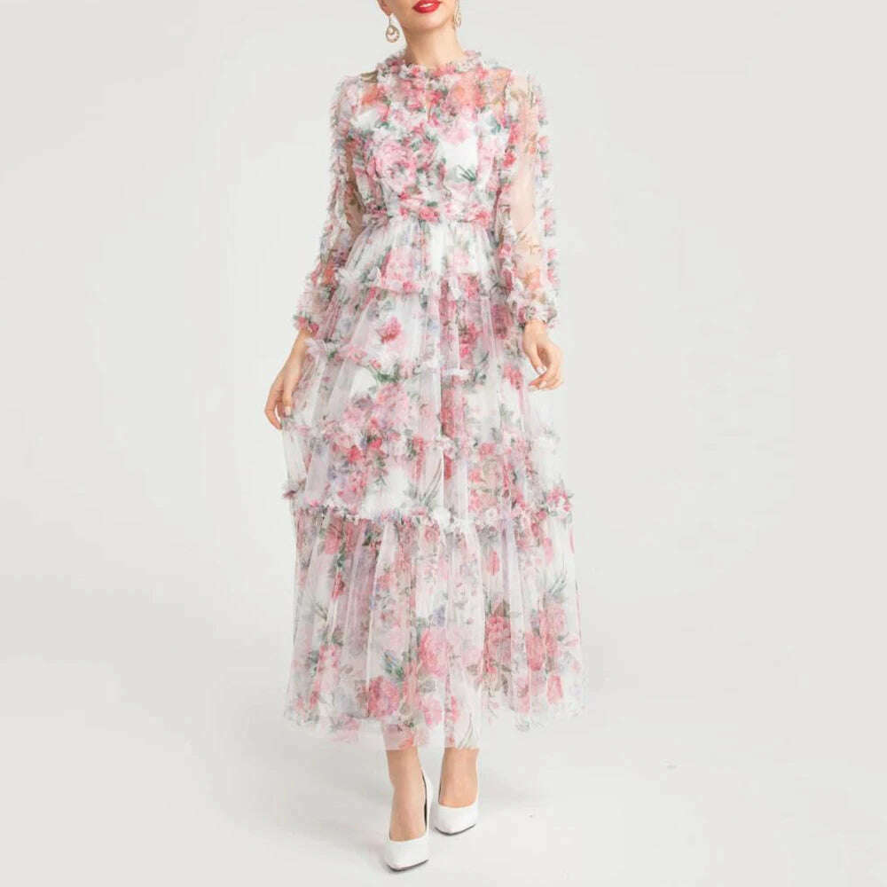 VGH Floral Printing Mesh Dresses For Women Stand Collar Long Sleeve High Waist Spliced Edible Tree Fungus Folds Dress Female New - KIMLUD