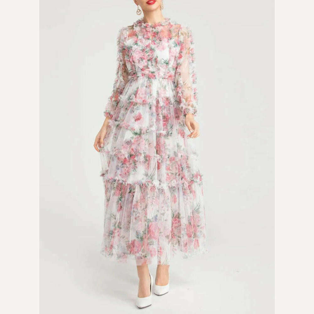 VGH Floral Printing Mesh Dresses For Women Stand Collar Long Sleeve High Waist Spliced Edible Tree Fungus Folds Dress Female New - KIMLUD