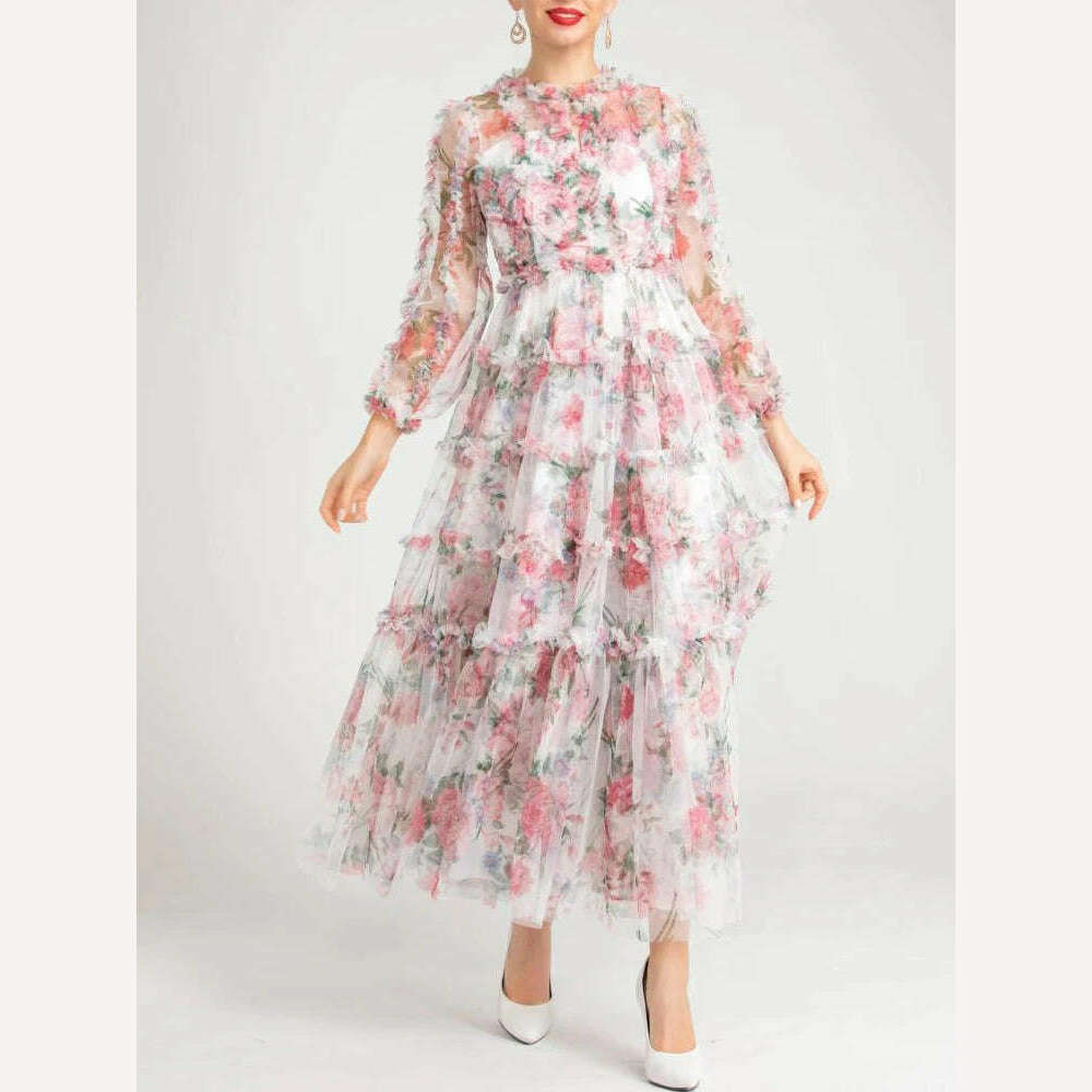 VGH Floral Printing Mesh Dresses For Women Stand Collar Long Sleeve High Waist Spliced Edible Tree Fungus Folds Dress Female New - KIMLUD