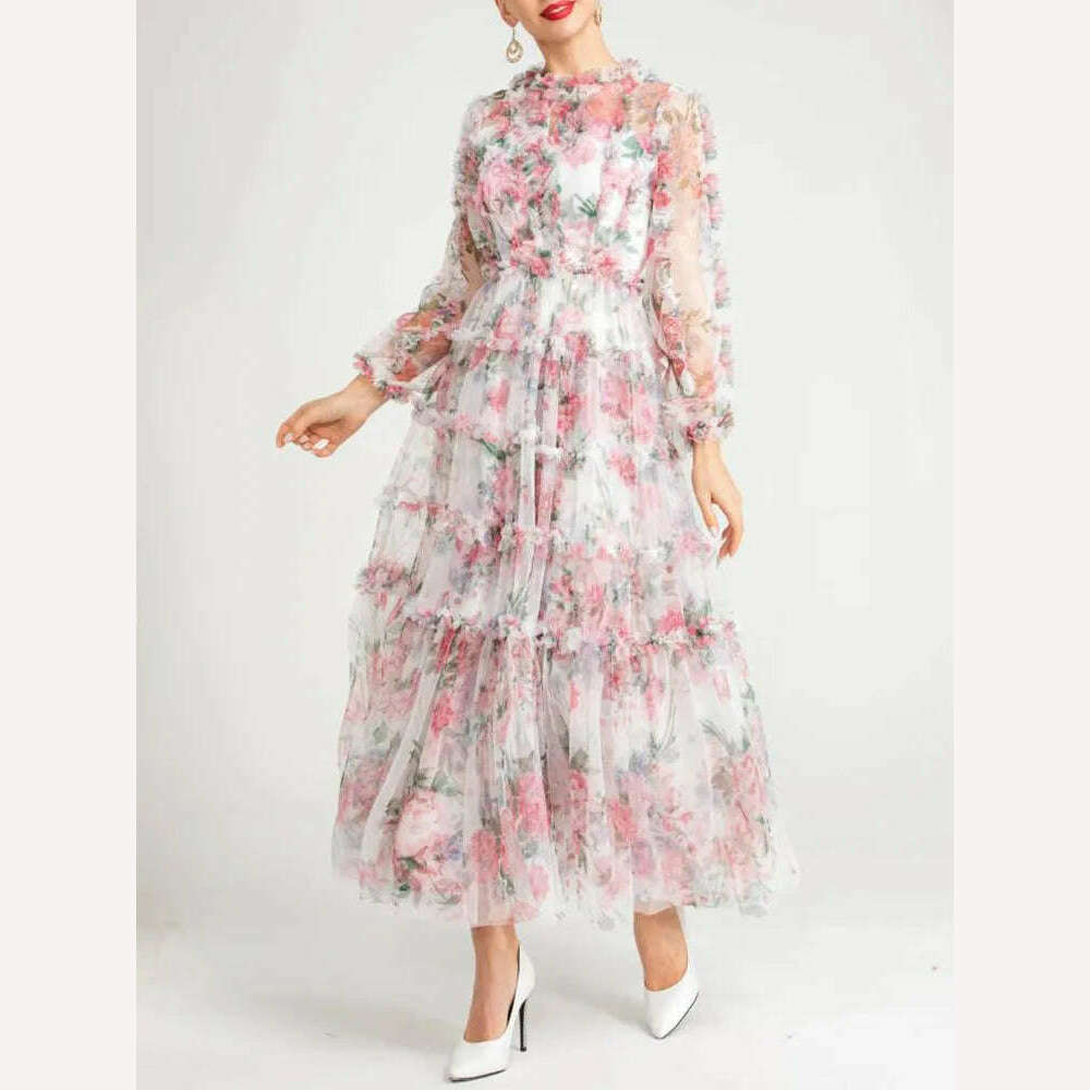 VGH Floral Printing Mesh Dresses For Women Stand Collar Long Sleeve High Waist Spliced Edible Tree Fungus Folds Dress Female New - KIMLUD