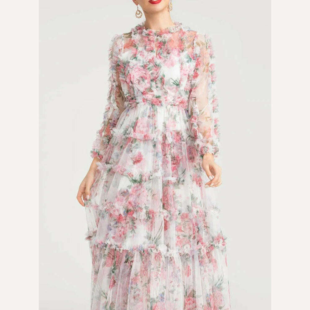 VGH Floral Printing Mesh Dresses For Women Stand Collar Long Sleeve High Waist Spliced Edible Tree Fungus Folds Dress Female New - KIMLUD