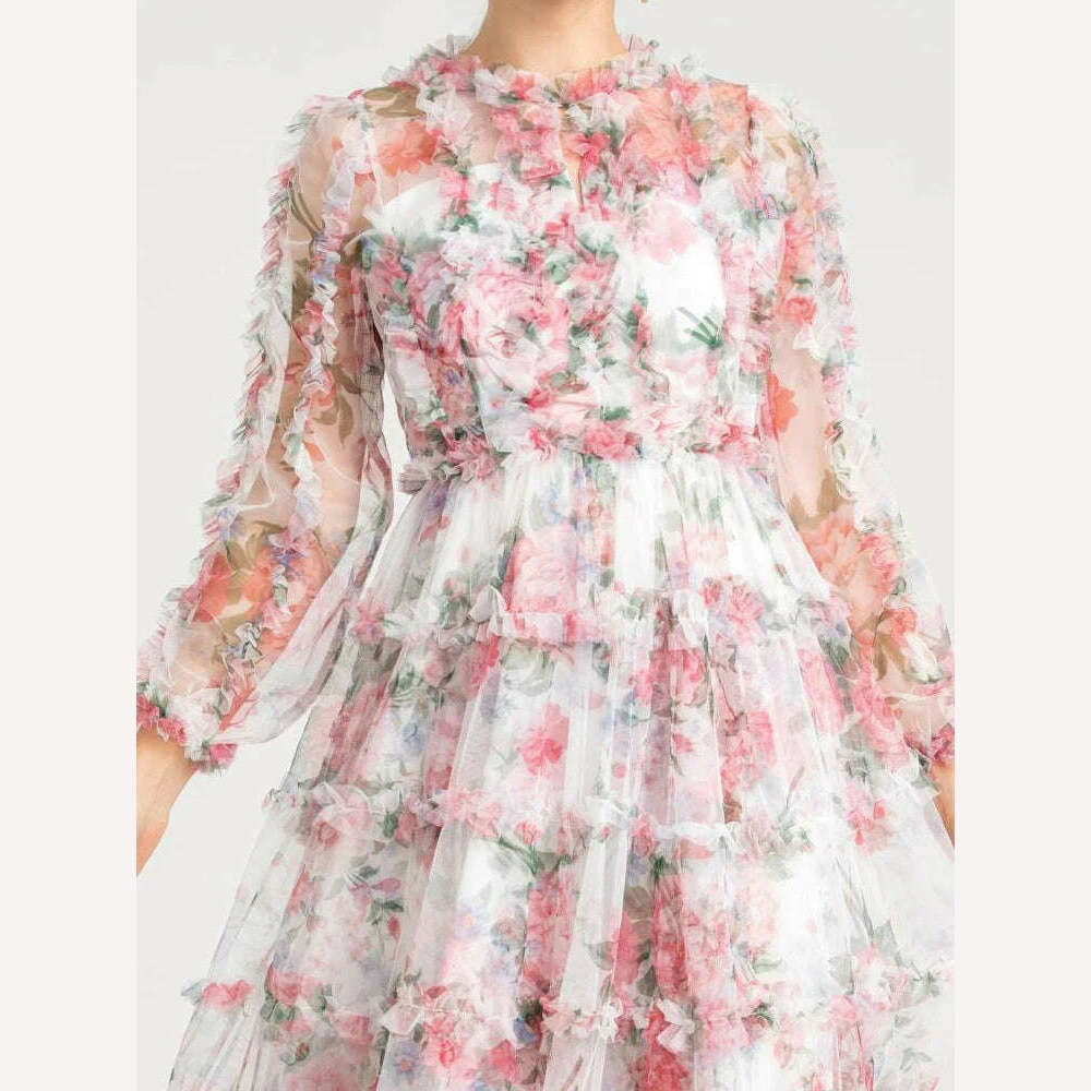 VGH Floral Printing Mesh Dresses For Women Stand Collar Long Sleeve High Waist Spliced Edible Tree Fungus Folds Dress Female New - KIMLUD