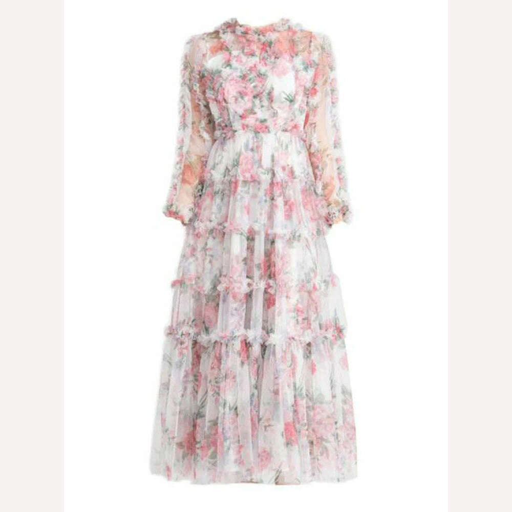 VGH Floral Printing Mesh Dresses For Women Stand Collar Long Sleeve High Waist Spliced Edible Tree Fungus Folds Dress Female New - KIMLUD