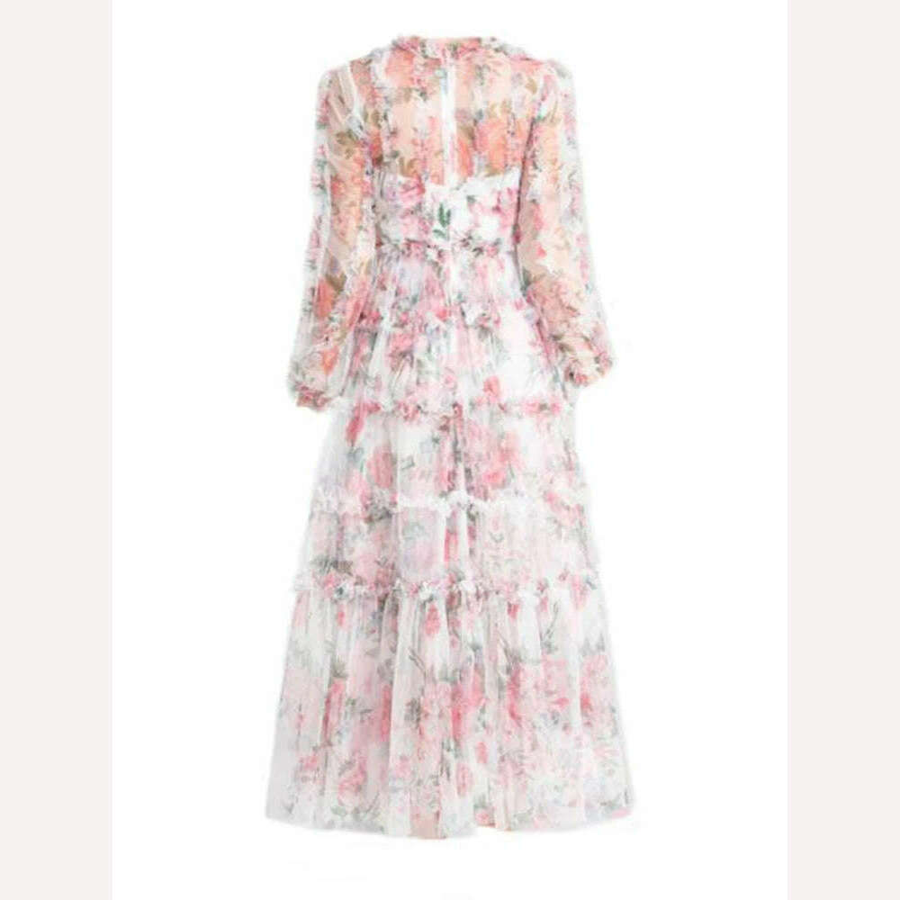 VGH Floral Printing Mesh Dresses For Women Stand Collar Long Sleeve High Waist Spliced Edible Tree Fungus Folds Dress Female New - KIMLUD