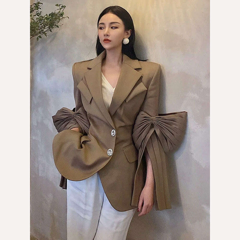 KIMLUD, VGH High Street Plain Blazers For Women Notched Long Sleeve Single Breasted Patchwork Folds Coats Female 2022 Spring Clothes New, KIMLUD Womens Clothes