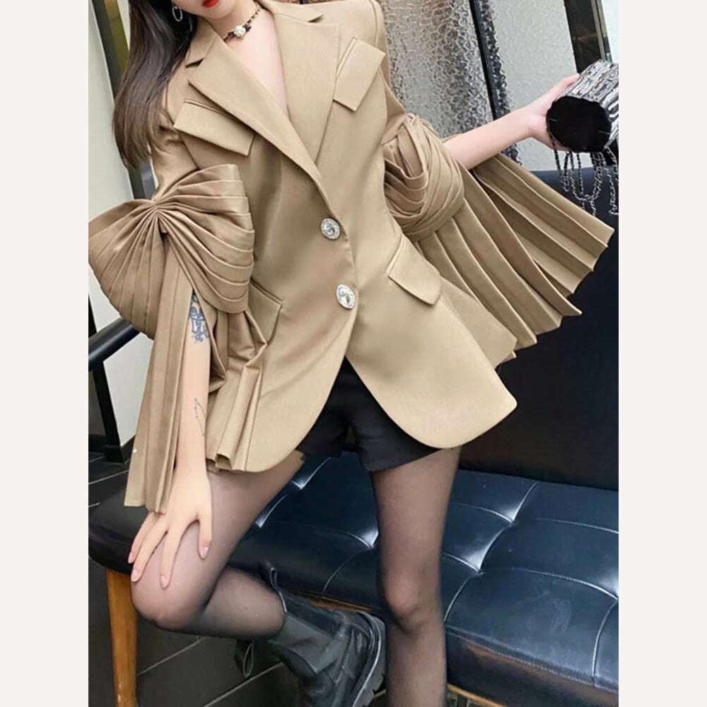 KIMLUD, VGH High Street Plain Blazers For Women Notched Long Sleeve Single Breasted Patchwork Folds Coats Female 2022 Spring Clothes New, KIMLUD Womens Clothes