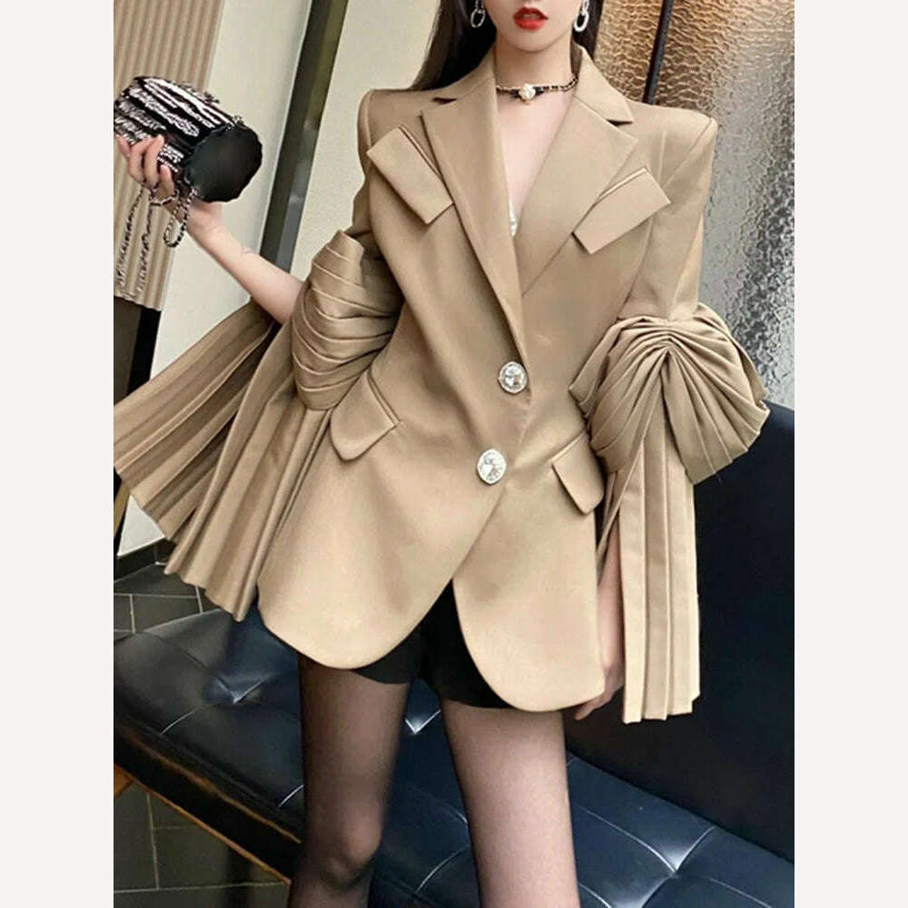 KIMLUD, VGH High Street Plain Blazers For Women Notched Long Sleeve Single Breasted Patchwork Folds Coats Female 2022 Spring Clothes New, KIMLUD Womens Clothes