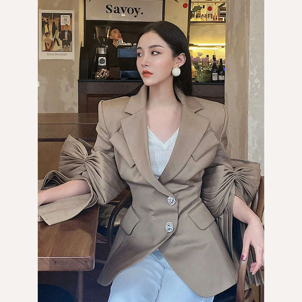 KIMLUD, VGH High Street Plain Blazers For Women Notched Long Sleeve Single Breasted Patchwork Folds Coats Female 2022 Spring Clothes New, KIMLUD Womens Clothes