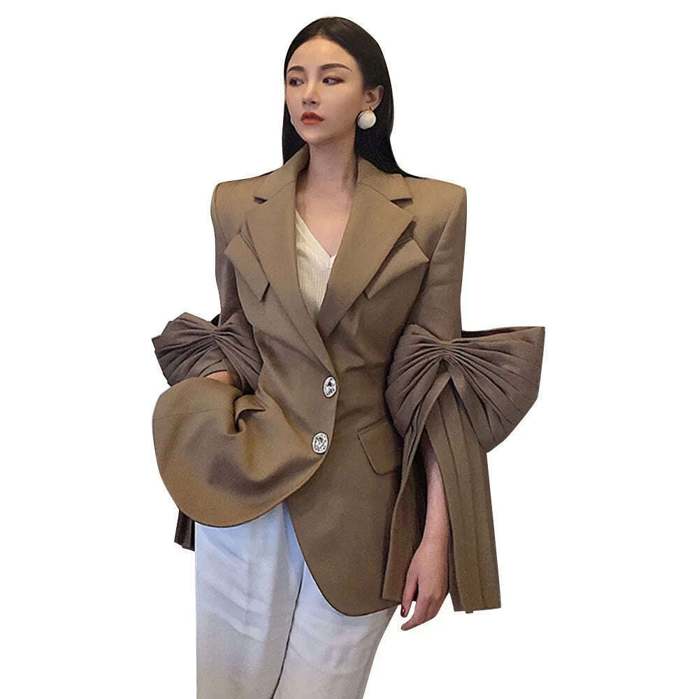 KIMLUD, VGH High Street Plain Blazers For Women Notched Long Sleeve Single Breasted Patchwork Folds Coats Female 2022 Spring Clothes New, KIMLUD Womens Clothes