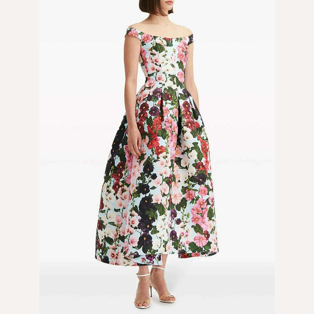 KIMLUD, VGH Hit Color Floral Printing Elegant Dresses For Women Slash Neck Off Shoulder Sleeveless High Waist Vintage Party Dress Female, KIMLUD Womens Clothes