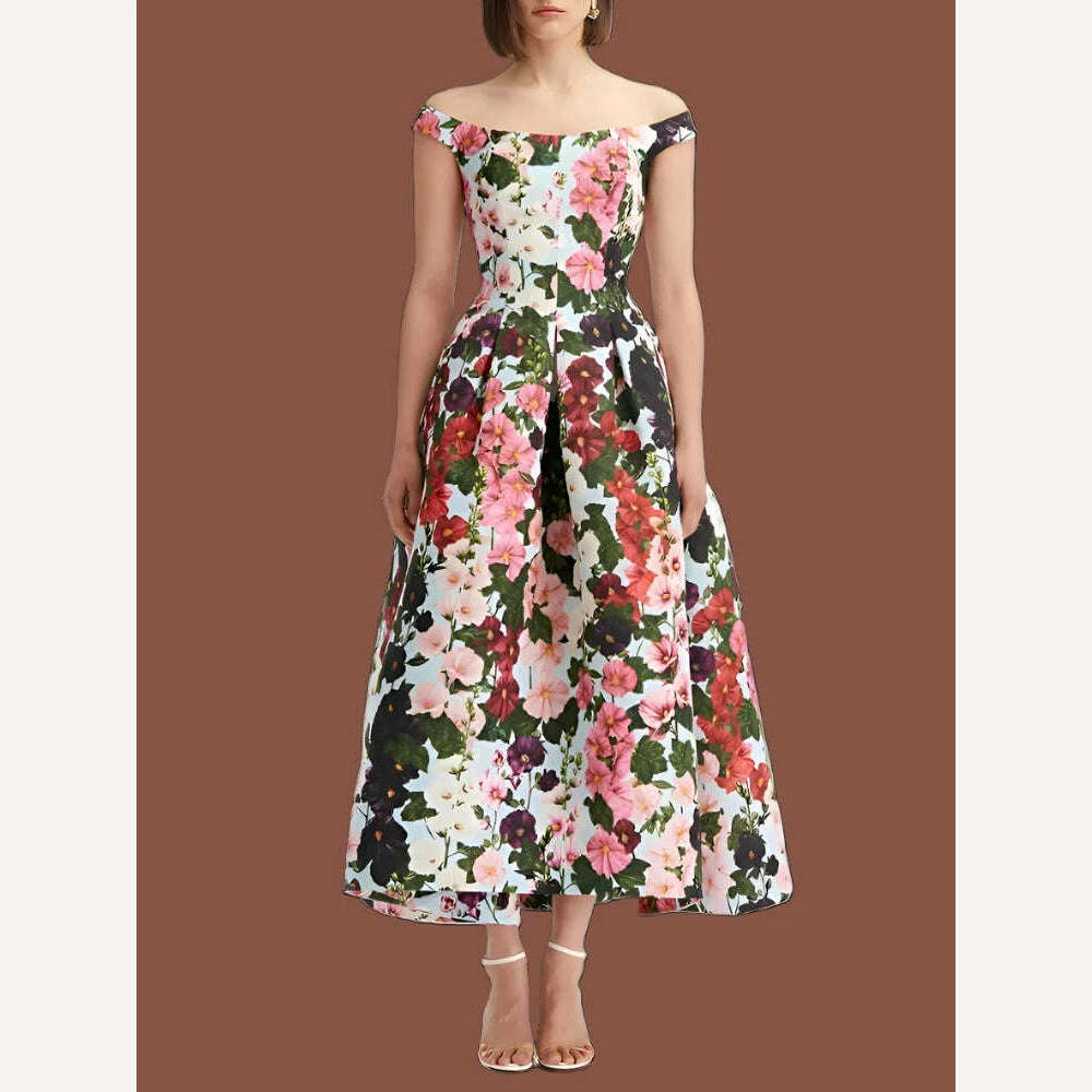KIMLUD, VGH Hit Color Floral Printing Elegant Dresses For Women Slash Neck Off Shoulder Sleeveless High Waist Vintage Party Dress Female, KIMLUD Womens Clothes