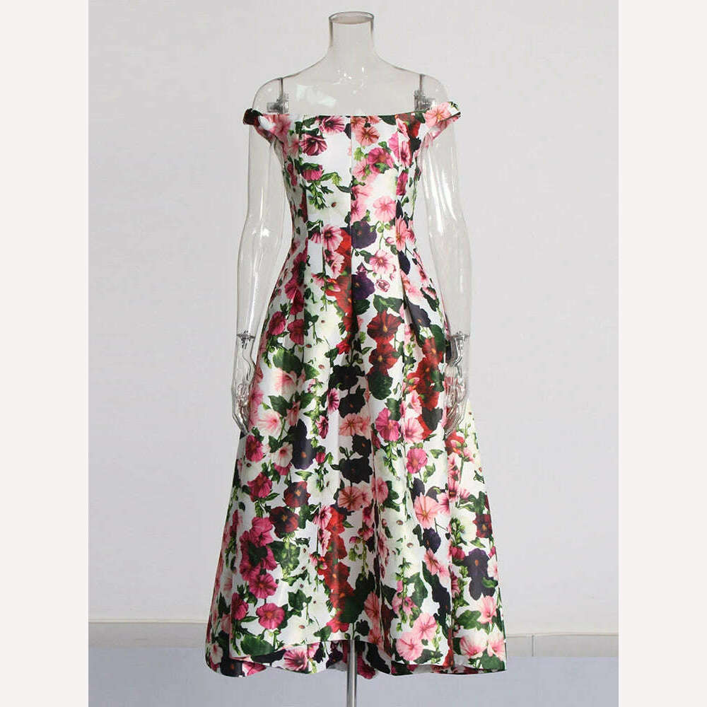 KIMLUD, VGH Hit Color Floral Printing Elegant Dresses For Women Slash Neck Off Shoulder Sleeveless High Waist Vintage Party Dress Female, KIMLUD Womens Clothes