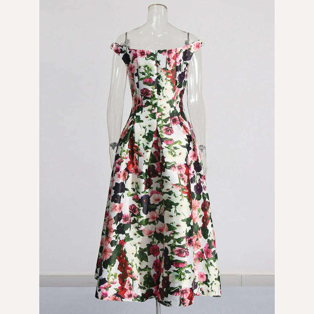 KIMLUD, VGH Hit Color Floral Printing Elegant Dresses For Women Slash Neck Off Shoulder Sleeveless High Waist Vintage Party Dress Female, KIMLUD Womens Clothes