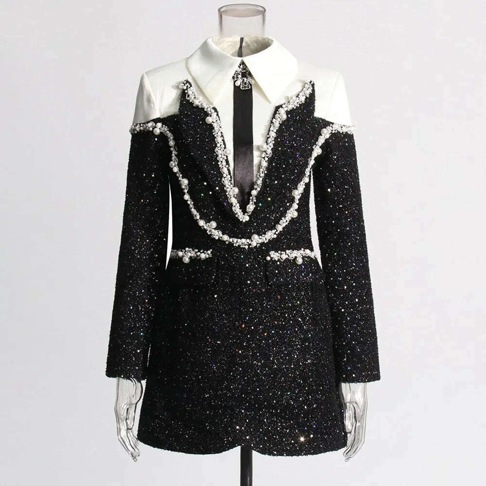 KIMLUD, VGH Hit Color Patchwork Diamonds Temperament Dress For Women Lapel Long Sleeve Spliced Lace Up Elegant Dresses Female Fashion, black / M, KIMLUD APPAREL - Womens Clothes