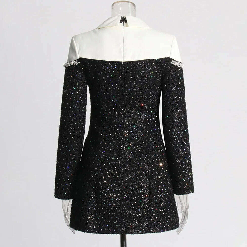 KIMLUD, VGH Hit Color Patchwork Diamonds Temperament Dress For Women Lapel Long Sleeve Spliced Lace Up Elegant Dresses Female Fashion, KIMLUD Womens Clothes