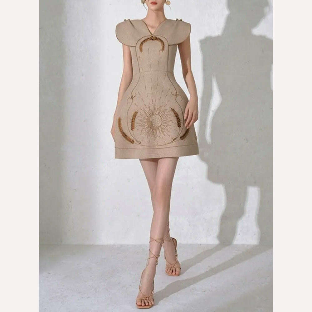 KIMLUD, VGH Hit Color Printing patchwork diamonds Elegant Dress For Women V Neck Sleeveless High Waist Temperament A Line Dresses Female, coffee / XL, KIMLUD APPAREL - Womens Clothes