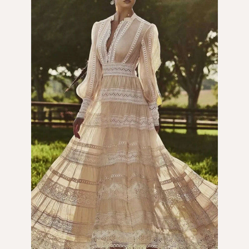 VGH Hollow Out Embroidery Dress For Women Round Neck Long Sleeve High Waist Solid Slimming Dresses Female Fashion Clothing New - KIMLUD