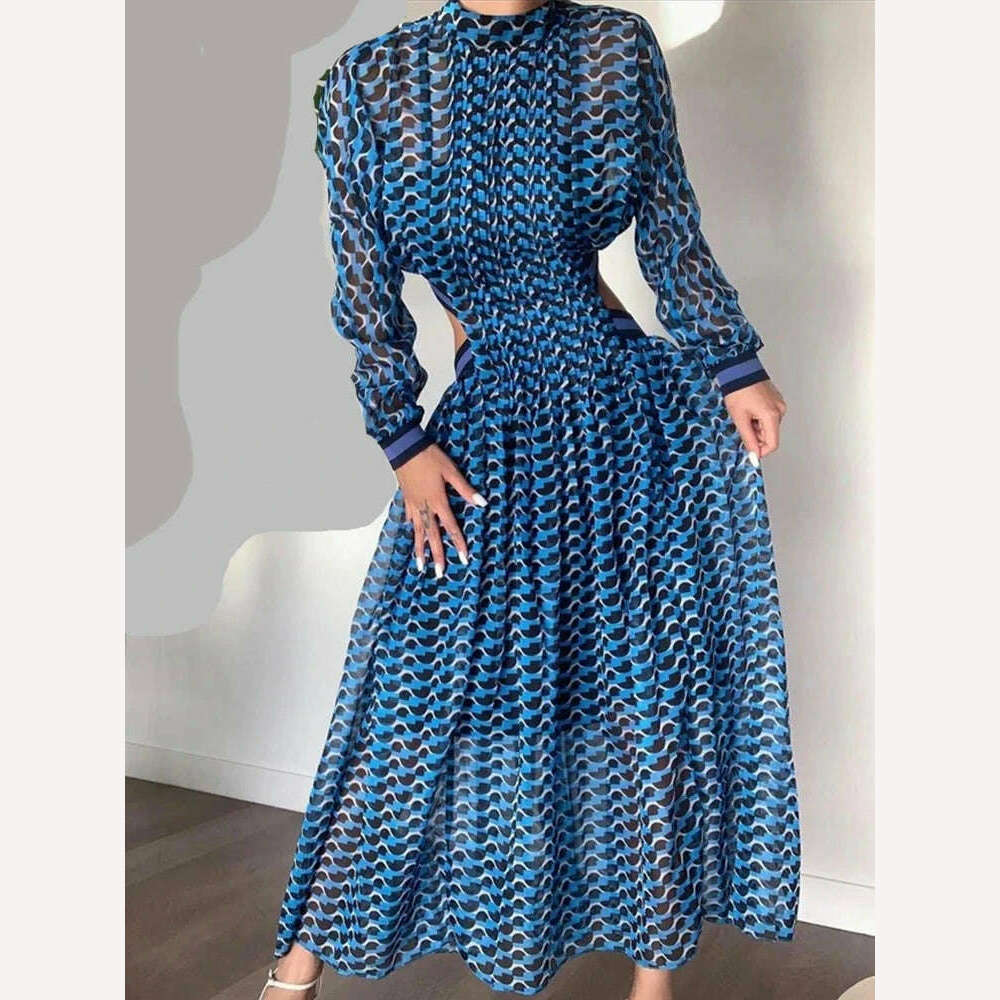 KIMLUD, VGH Hollow Out Printing Elegant Dresses For Women Stand Collar Long Sleeve High Waist Minimalist Dress Female Fashion Clothing, KIMLUD Womens Clothes