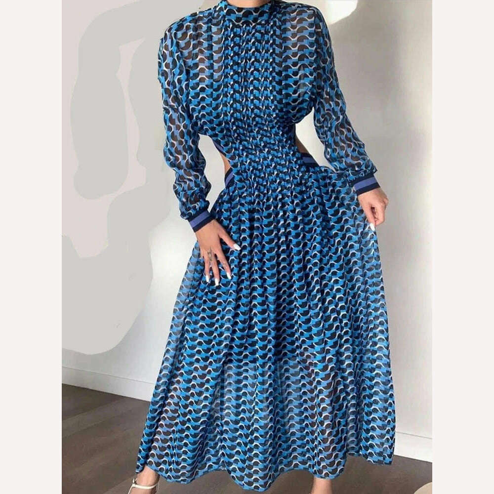 KIMLUD, VGH Hollow Out Printing Elegant Dresses For Women Stand Collar Long Sleeve High Waist Minimalist Dress Female Fashion Clothing, Blue / L, KIMLUD Womens Clothes