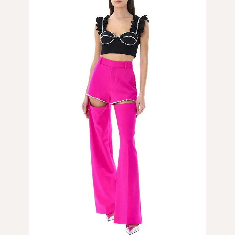 VGH Hollow Out Straigth Pants For Women High Wasit Patchwork Diamonds Casual Loose Wide Leg Pants Female Summer Clothing New - KIMLUD