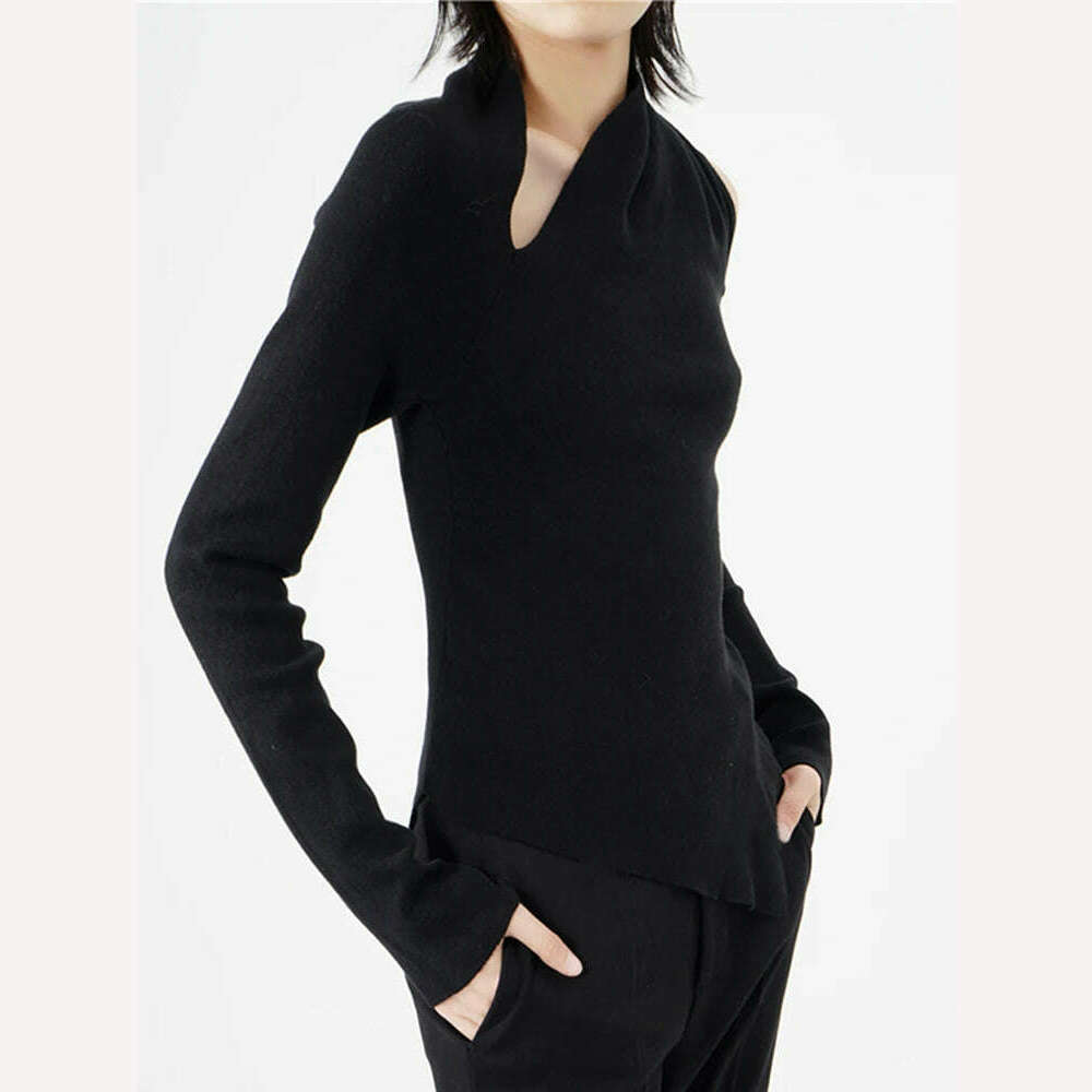 KIMLUD, VGH Irregular Hem Hollow Out For Female Knitted Sweater Skew Collar Long Sleeve Off Shoulder Women's Sexy Pullover 2022 Clothing, KIMLUD Women's Clothes