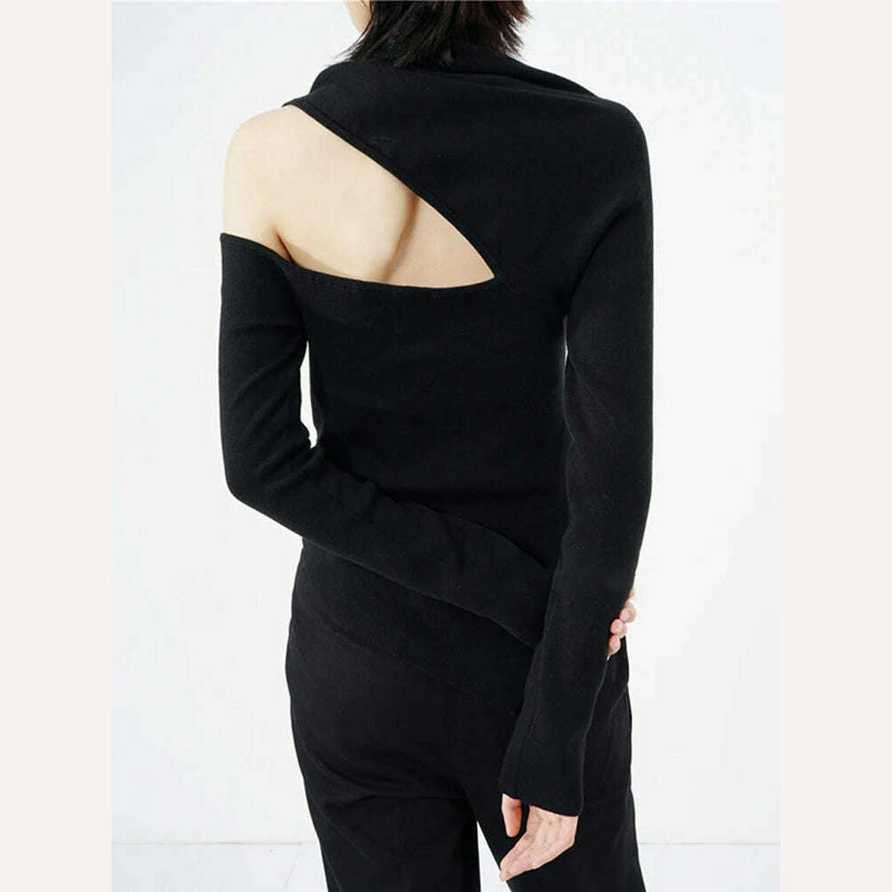 KIMLUD, VGH Irregular Hem Hollow Out For Female Knitted Sweater Skew Collar Long Sleeve Off Shoulder Women's Sexy Pullover 2022 Clothing, KIMLUD Women's Clothes