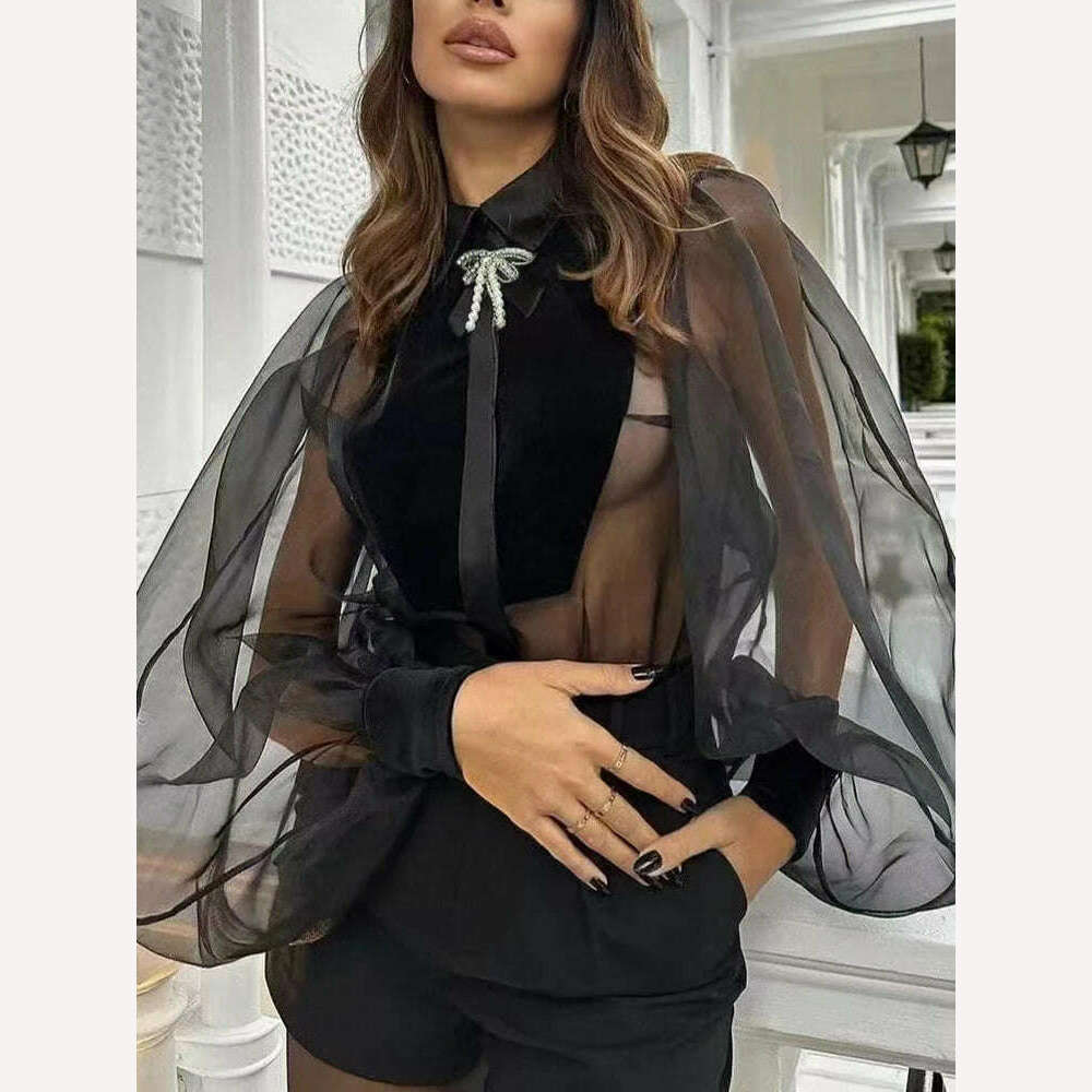 KIMLUD, VGH Korean Solid Blouse For Women Lapel Long Sleeve Spliced Bowknot Loose Blouses Female 2023 Clothing Spring Style Fashion New, Black / S, KIMLUD APPAREL - Womens Clothes