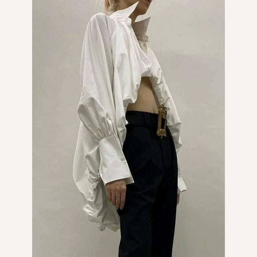 KIMLUD, VGH Loose White Shirt For Women Lapel Long Sleeve Ruched Solid Minimalist Casual Pullover Blouses Female Autumn Clothes New 2022, KIMLUD Womens Clothes