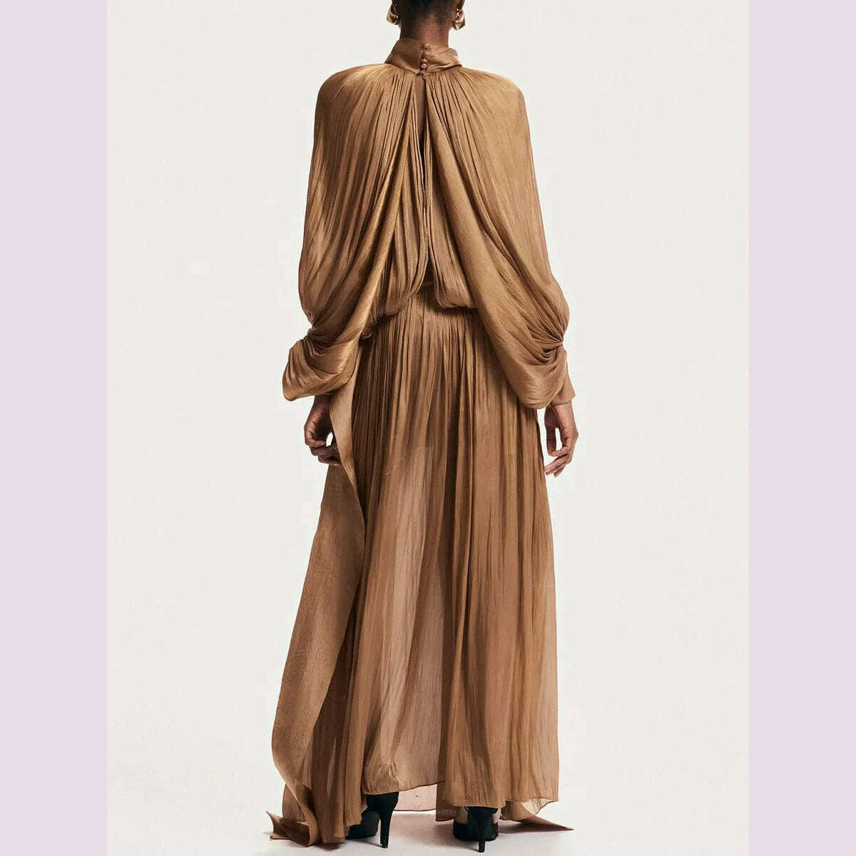 KIMLUD, VGH Minimalist Spliced Folds Maxi Dresses for Women Scarf Collar Lantern Sleeve Loose Waist Casual Temperament Dress Female New, KIMLUD Womens Clothes