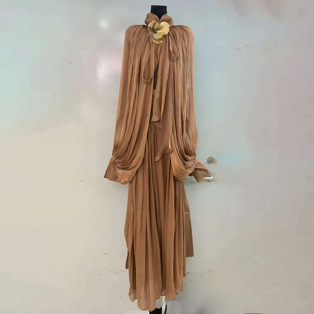 KIMLUD, VGH Minimalist Spliced Folds Maxi Dresses for Women Scarf Collar Lantern Sleeve Loose Waist Casual Temperament Dress Female New, COFFEE / XS, KIMLUD APPAREL - Womens Clothes