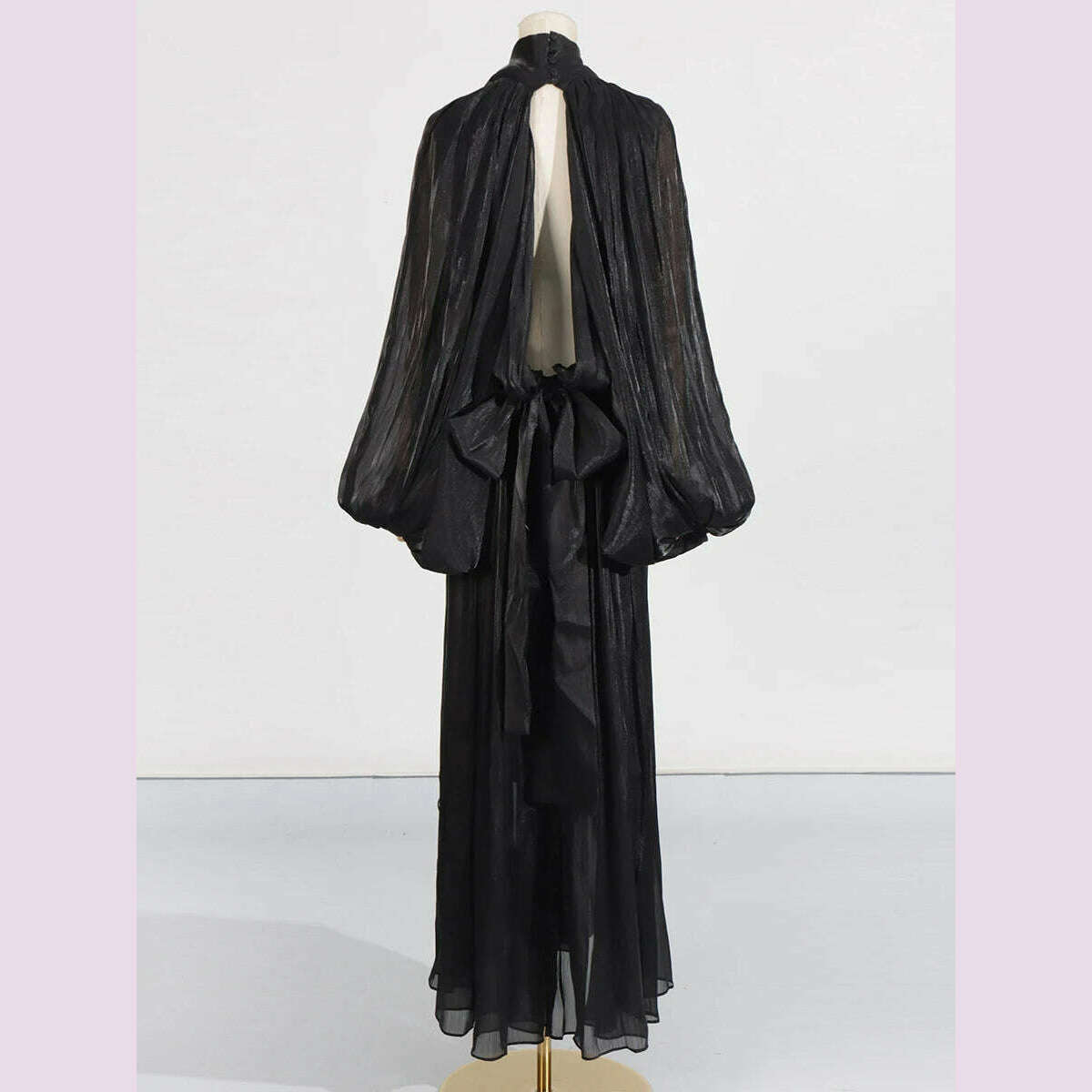 KIMLUD, VGH Minimalist Spliced Folds Maxi Dresses for Women Scarf Collar Lantern Sleeve Loose Waist Casual Temperament Dress Female New, KIMLUD Womens Clothes