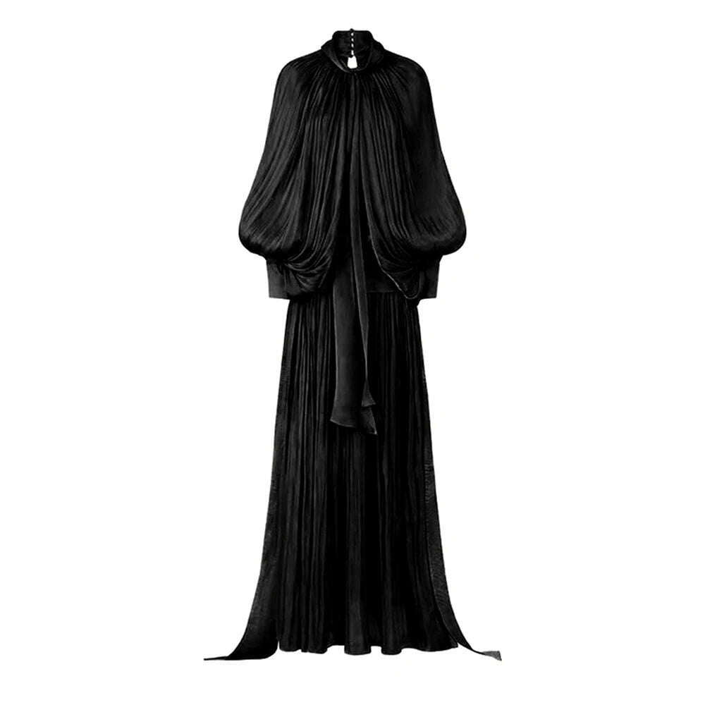 KIMLUD, VGH Minimalist Spliced Folds Maxi Dresses for Women Scarf Collar Lantern Sleeve Loose Waist Casual Temperament Dress Female New, BLACK / XS, KIMLUD APPAREL - Womens Clothes