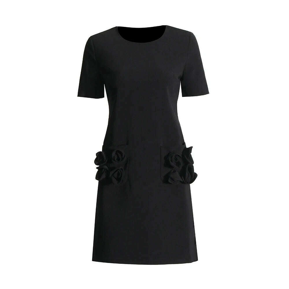 KIMLUD, VGH Patchwork Appliques Casual Mini Dresses For Women Round Neck Short Sleeve High Waist Solid Minimalist Dress Female Fashion, BLACK / XL, KIMLUD Womens Clothes
