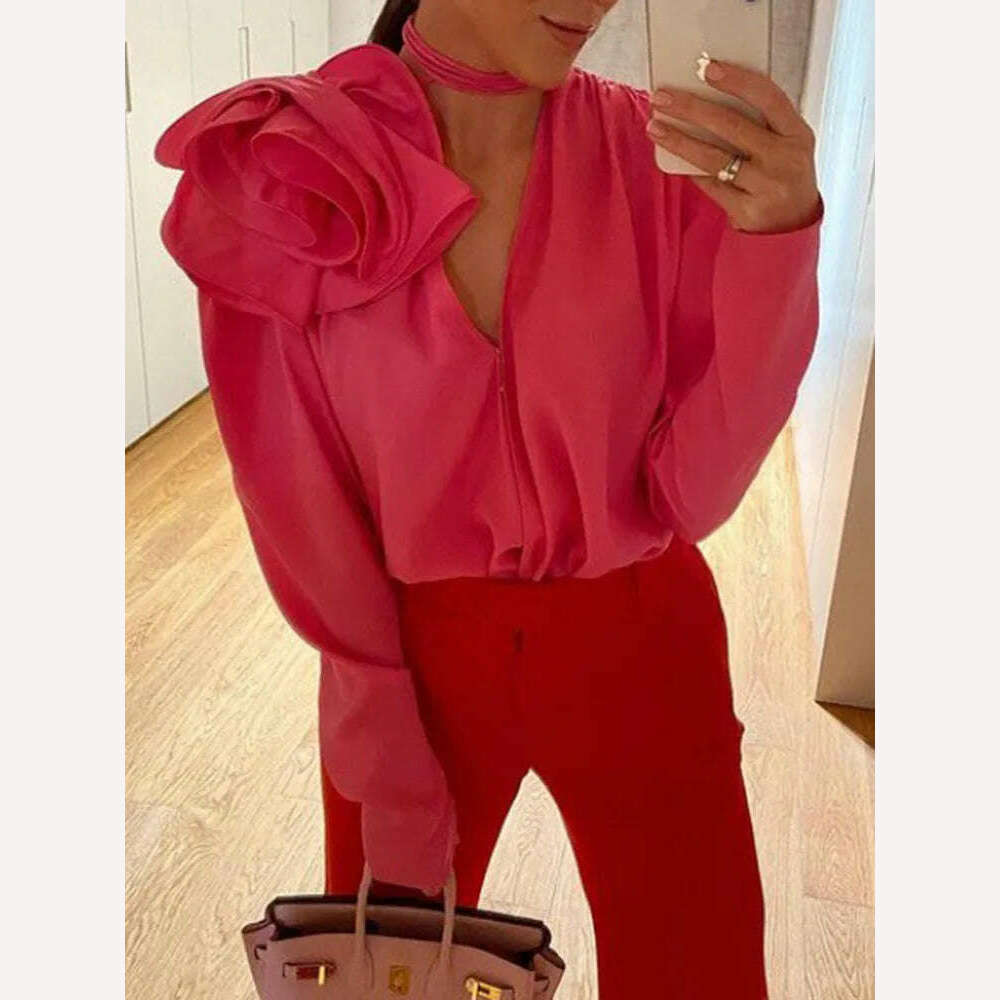 VGH Patchwork Appliques Loose Shirts For Women V Neck Long Sleeve Irregular Hem Solid Minimalist Blouses Female Summer Clothes - KIMLUD
