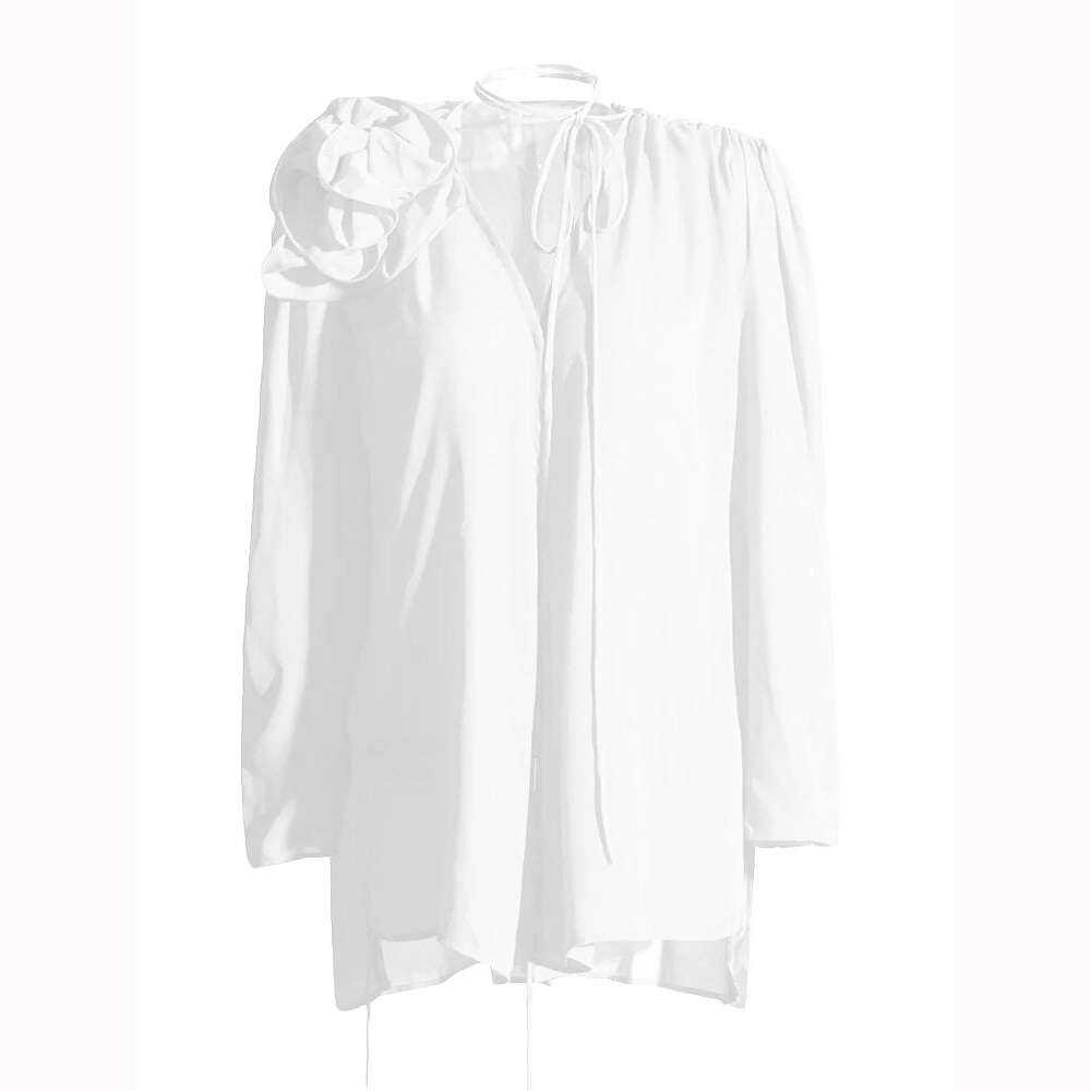 VGH Patchwork Appliques Loose Shirts For Women V Neck Long Sleeve Irregular Hem Solid Minimalist Blouses Female Summer Clothes - KIMLUD