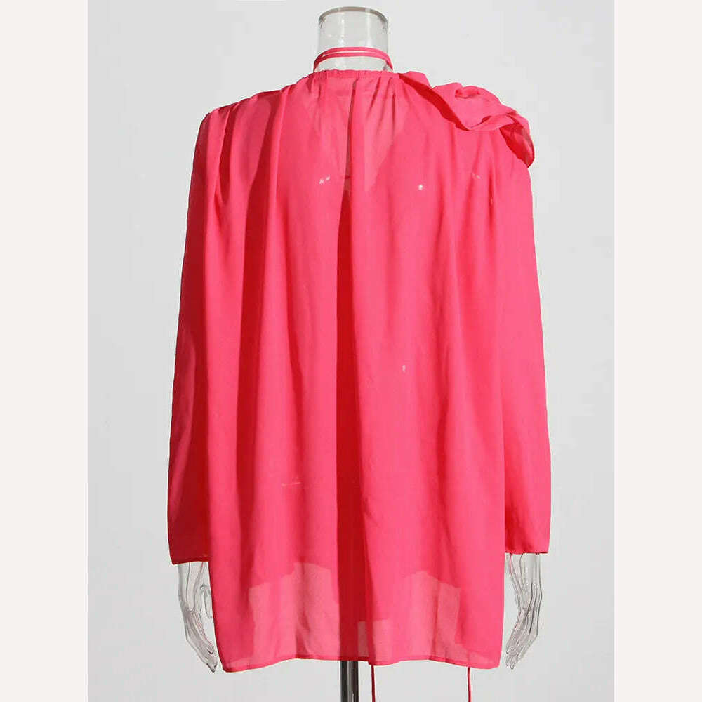 VGH Patchwork Appliques Loose Shirts For Women V Neck Long Sleeve Irregular Hem Solid Minimalist Blouses Female Summer Clothes - KIMLUD