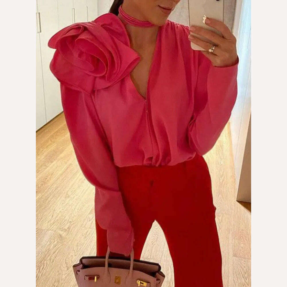 VGH Patchwork Appliques Loose Shirts For Women V Neck Long Sleeve Irregular Hem Solid Minimalist Blouses Female Summer Clothes - KIMLUD