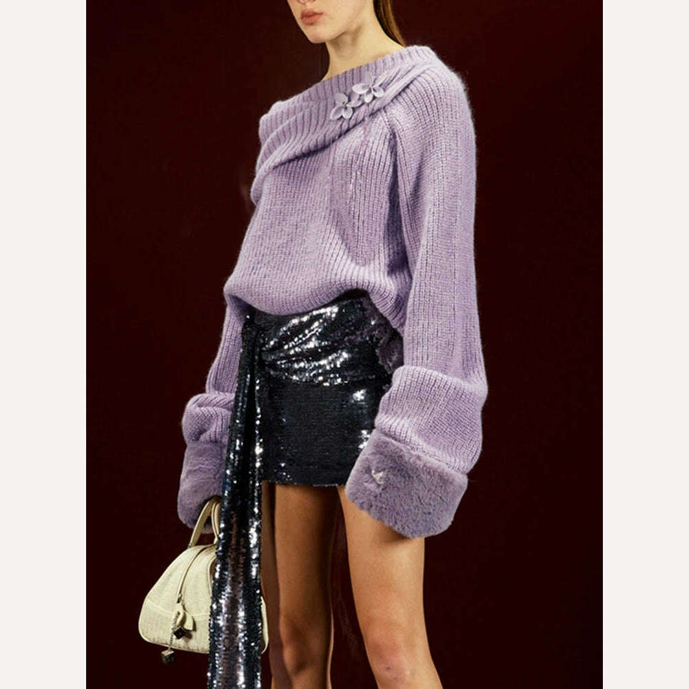VGH Patchwork Appliques Minimalist Knitting Sweaters For Women Round Neck Long Sleeve Solid Temperament Sweater Female Fashion - KIMLUD