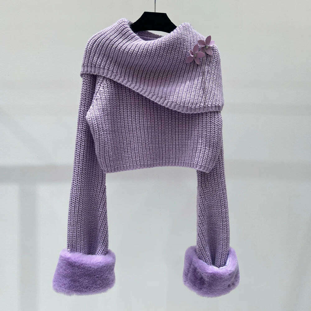 VGH Patchwork Appliques Minimalist Knitting Sweaters For Women Round Neck Long Sleeve Solid Temperament Sweater Female Fashion - KIMLUD