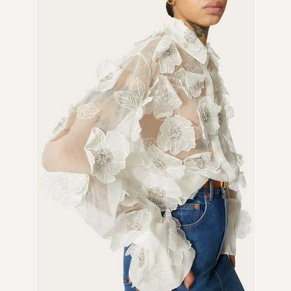 VGH Patchwork Appliques Solid Casual Blouses For Women Lapel Long Sleeve Spliced Sheer Mesh Temperament Loose Shirts Female New - KIMLUD