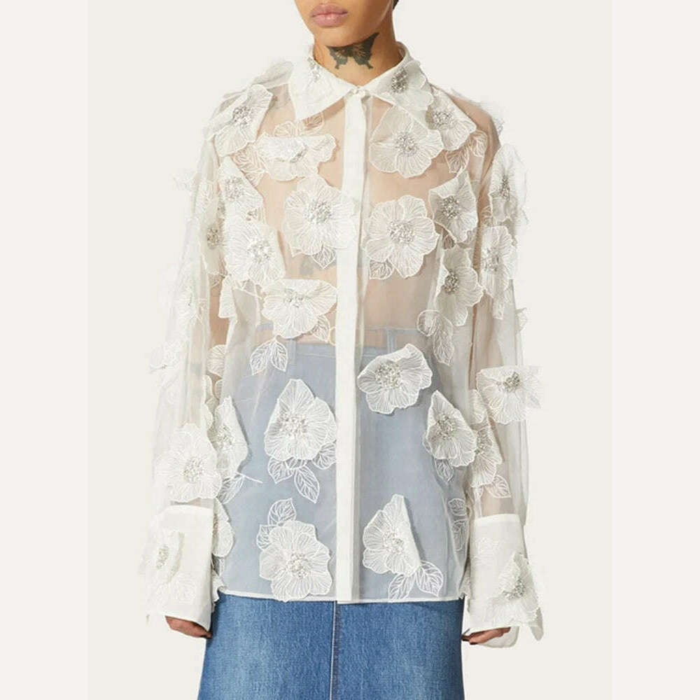 VGH Patchwork Appliques Solid Casual Blouses For Women Lapel Long Sleeve Spliced Sheer Mesh Temperament Loose Shirts Female New - KIMLUD
