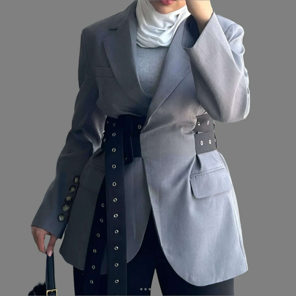 KIMLUD, VGH Patchwork Belt Elegant Blazers For Women Notched Collar Long Sleeve Spliced Button Slimming Solid Blazer Female Style New, KIMLUD Womens Clothes