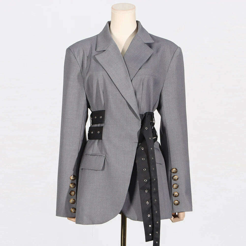 KIMLUD, VGH Patchwork Belt Elegant Blazers For Women Notched Collar Long Sleeve Spliced Button Slimming Solid Blazer Female Style New, GRAY / S, KIMLUD APPAREL - Womens Clothes