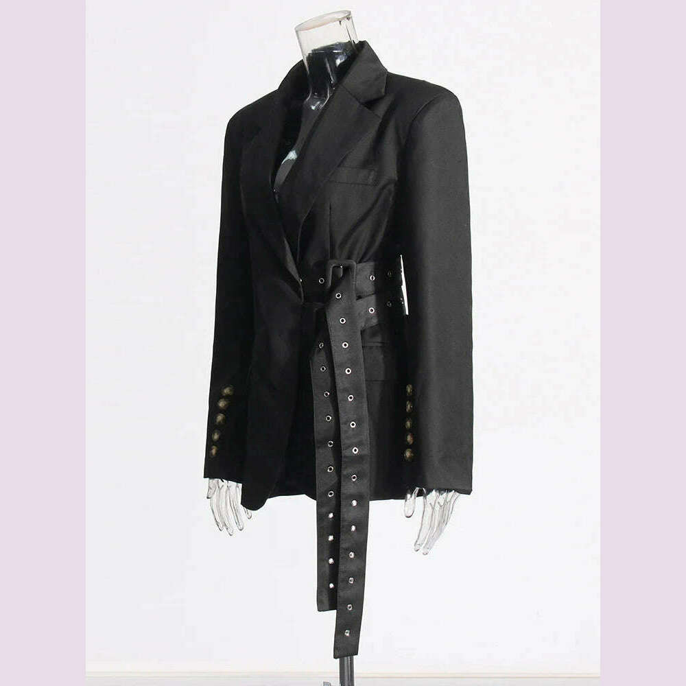 KIMLUD, VGH Patchwork Belt Elegant Blazers For Women Notched Collar Long Sleeve Spliced Button Slimming Solid Blazer Female Style New, KIMLUD Womens Clothes